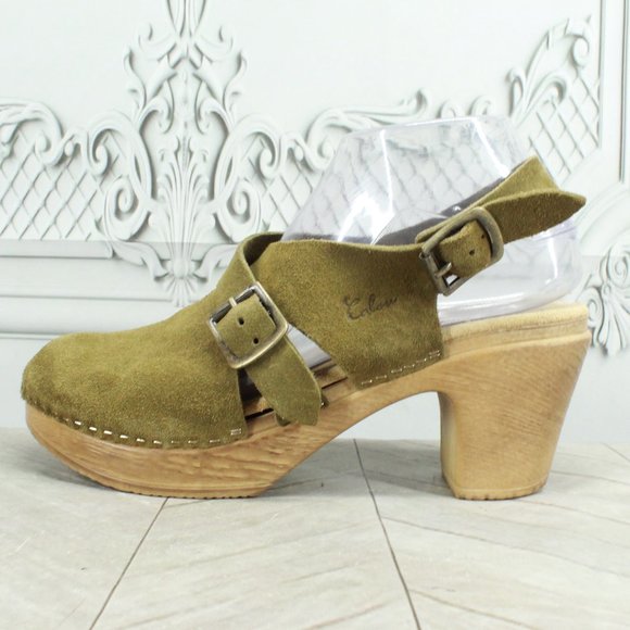 Calou Shoes - Calou Astrid Green Suede Buckle Closed Toe Ankle Strap Clog Style Sandals Size 9